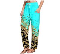 Damen Hosen Sommer Viskose Hose Damen Kurze Hosen Damen Sommer High Waist Elastische Taille Retro Musterdruck Freizeithose Mit Taschen Tunnelzug Stretch Jogginghose Jogginghose Damen (Cyan, Xxl)