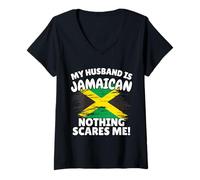 Damen Husband is Jamaican Lustiges Jamaia Flagge Ehefrau Geschenk T-Shirt mit V-Ausschnitt