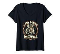 Damen I Buy Books Like I'm Immortal Funny Skelett Bookworms T-Shirt mit V-Ausschnitt