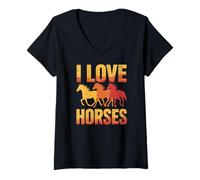 Damen I Love Horses Bunte Galoppierende Silhouette T-Shirt mit V-Ausschnitt