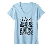 Damen I Love Jesus and Riding Horses Western Faith Zitat T-Shirt mit V-Ausschnitt