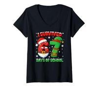 Damen I Survived 67 Days of School Christmas Santa Elf Six Seven T-Shirt mit V-Ausschnitt