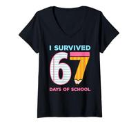 Damen I Survived 67 Days of School Funny Meme Six Seven Teacher T-Shirt mit V-Ausschnitt