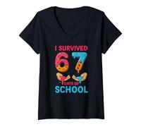 Damen I Survived 67 Days of School Teachers Students 6 7 Six Seven T-Shirt mit V-Ausschnitt