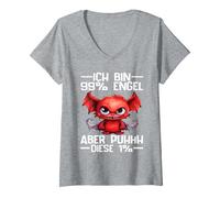 Damen Ich Bin 99% Engel Aber Puhhh Diese 1% Teufelchen Spruch T-Shirt mit V-Ausschnitt, Grau Meliert, S
