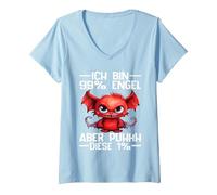 Damen Ich Bin 99% Engel Aber Puhhh Diese 1% Teufelchen Spruch T-Shirt mit V-Ausschnitt, Himmelblau, S