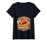 Damen Ich Bin nur wegen der Snacks da, die Fußballfans am Spieltag Essen T-Shirt mit V-Ausschnitt