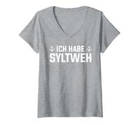 Damen ich Habe Syltweh Sylt T-Shirt mit V-Ausschnitt, Grau Meliert, M