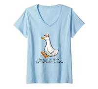 Damen I'm Built Different Funny Duck Meme Goose Wearing Cap Humor T-Shirt mit V-Ausschnitt