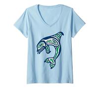 Damen Indianer Orca Killer Wal Pazifik Nordwest T-Shirt mit V-Ausschnitt