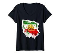 Damen Iran Löwe und Sonne Karte Aquarell, Vintage iranische Flagge Kunst T-Shirt mit V-Ausschnitt