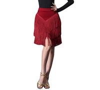 Damen Irregulär Latein Tanzrock Kurzer Rock Bauchtanzrock Hüftschal mit Quaste üben Wettbewerb Festival Tanzaufführung Wickelrock mit Fransen WineRot