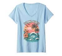 Damen Island Vibes Ocean Wave Sunset Palmen Tropical Hawaii T-Shirt mit V-Ausschnitt