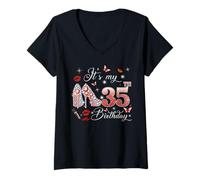 Damen It’s My 35th Birthday Pink 35 Years Old Birthday Queen Party T-Shirt mit V-Ausschnitt