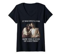 Damen It Was Only a Kiss - Jesus & Judas Parodie Zitat T-Shirt mit V-Ausschnitt