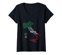 Damen Italien Karte Umriss Flagge Städte Rom Mailand Italia Reise T-Shirt mit V-Ausschnitt