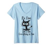 Damen IT'S FINE I'M FINE ALLES IST GUT Lustige hässliche schwarze Katze T-Shirt mit V-Ausschnitt