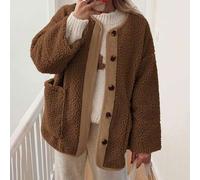 Damen Jacke in Große Größen mit Teddybär-Optik, reguläre Ärmel, braune Knopfleiste, flauschige Strickjacke mit Taschen, Langarm