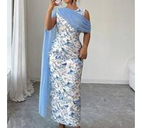 Damen Jacquard bedrucktes tailliertes Maxikleid mit Chiffon-Schal, Weiß, Sommer, Braut, elegant, Hochzeitsgast, Hochzeitsfeier Ausflüge anmutiges Klei