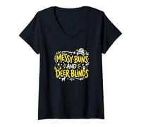 Damen Jalousien „Messy Buns and REH“ Whitetail Hunter T-Shirt mit V-Ausschnitt