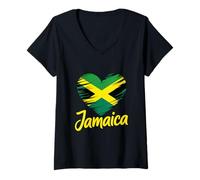 Damen Jamaika Flagge Herz T-Shirt mit V-Ausschnitt