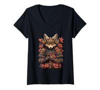 Damen Japan Samurai Fox Floral Style T-Shirt mit V-Ausschnitt