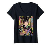 Damen Japan Streetwear Cyberpunk Y2K Hip Hop Techwear Manga Anime T-Shirt mit V-Ausschnitt