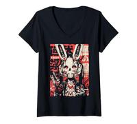 Damen Japan Streetwear Cyberpunk Y2K Techwear Retro Manga Anime T-Shirt mit V-Ausschnitt