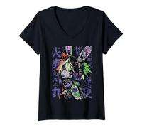 Damen Japan Streetwear Cyberpunk Y2K Techwear Retro Manga Anime T-Shirt mit V-Ausschnitt