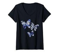 Damen Japanische ästhetische Shibori-Batik-Schmetterlinge T-Shirt mit V-Ausschnitt
