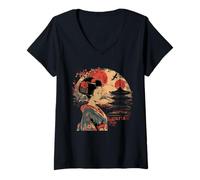 Damen Japanische Geisha Traditionelle Kunst Kimono Geisha Girl Pagode T-Shirt mit V-Ausschnitt