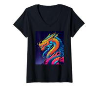 Damen Japanische Neon Dragon Grafik Cyberpunk Streetwear Asiatische Kunst T-Shirt mit V-Ausschnitt