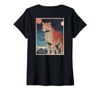 Damen Japanische Vintage-Landschaft, Wildtiere, Geparden, Kanji, Kunst zurück T-Shirt mit V-Ausschnitt