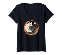 Damen Japanische Yin-Yang-Katzen mit himmlischen Elementen Kunst T-Shirt mit V-Ausschnitt