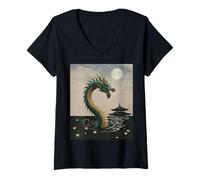 Damen Japanischer Drache Sakura Blüte Vollmond Fantasy Art Travel T-Shirt mit V-Ausschnitt