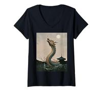 Damen Japanischer Drache Sakura Blüte Vollmond Fantasy Art Travel T-Shirt mit V-Ausschnitt