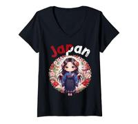 Damen Japanischer Kawaii Sakura-Kimono für Mädchen T-Shirt mit V-Ausschnitt