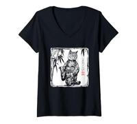 Damen Japanischer Kimono Katze Kunst Elegant Katze Sakura Yorokobi T-Shirt mit V-Ausschnitt