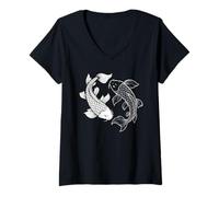 Damen Japanischer Koi-Fisch, Kanji, schwarz, weiß, asiatische Vintage-Kunst T-Shirt mit V-Ausschnitt