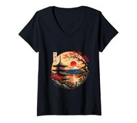 Damen Japanischer roter Sonnenuntergang und Berg Asiatische Fuji Kanji Japan Kunst T-Shirt mit V-Ausschnitt