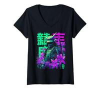 Damen Japanischer Streetwear Blossom Samurai Cyberpunk Y2K Anime T-Shirt mit V-Ausschnitt