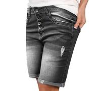Damen Jeans Bermuda-Shorts mit Denim Aufschlag Jeans Shorts Damen Sommer Knielang Kurze Jeanshose Frauen High Waist Stretch Zerrissen Kurze Hose Baggy Ripped Bermuda Shorts Denim Shorts Jeansshorts