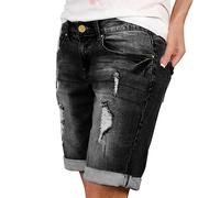 Damen Jeans Bermuda-Shorts mit Denim Aufschlag Jeans Shorts Damen Sommer Knielang Kurze Jeanshose Frauen High Waist Stretch Zerrissen Kurze Hose Baggy Ripped Bermuda Shorts Denim Shorts Jeansshorts