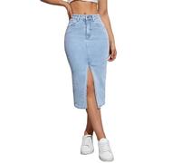 Damen Jeans-Bleistiftröcke, mittellang, hohe Taille, A-Linie, Midi-Jeansrock, geteilter Saum, Röcke für Damen., Hell, blau, Mittel