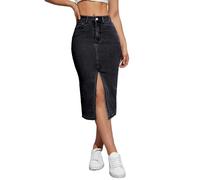 Damen Jeans-Bleistiftröcke, mittellang, hohe Taille, A-Linie, Midi-Jeansrock, geteilter Saum, Röcke für Damen., Schwarz, Groß
