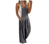 Damen Jeans Damen Latzhose Weite Bein Schlag Jumpsuit mit Tasche Loose Fit Baggy Playsuits Sommer Strampler Ärmellos Riemchen Overalls Casual Adjustable Bib Pants Lange Wide Leg Hosen