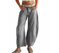 Damen-Jeans, dehnbar, mittelhoch, Barrel, Vintage, lockeres weites Bein, Kurze Denim-Hose, Y2k, Baggy-Boyfriend-Jeans, grau, S