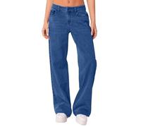 Damen Jeans Gerades Bein,Mid Waist Hüftjeans Dark Wash Vintage Denimjeans Y2k Streetwear Straight-Fit Hosen Loose Pants Gerade Geschnitten Jeanshosen Bequeme Freizeithose mit Tasche(Blue,M)