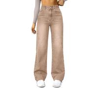Damen Jeans Gerades Bein,Mittlere Taille Denimjeans Straight-Fit Hüftjeans Y2k Clothes Dark Wash Vintage Hosen Loose Pants Gerade Geschnitten Jeanshosen Bequeme Freizeithose mit Tasche(#C Khaki,S)