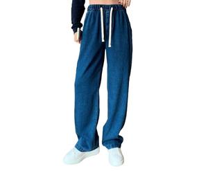 Damen Jeans Gerades Bein,Mittlere Taille Hüftjeans Dunkle Waschung Vintage Denimjeans Y2k Streetwear Straight-Fit Hosen Lose Fit Pants Jeanshosen mit Tasche Gerade Geschnitten Freizeithose(Blue,L)